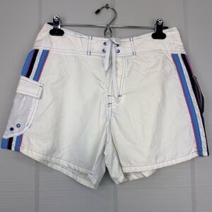 NWT Reebok Women’s White Swim Board Shorts Colorful Side Stripes Pocket 80s 90s